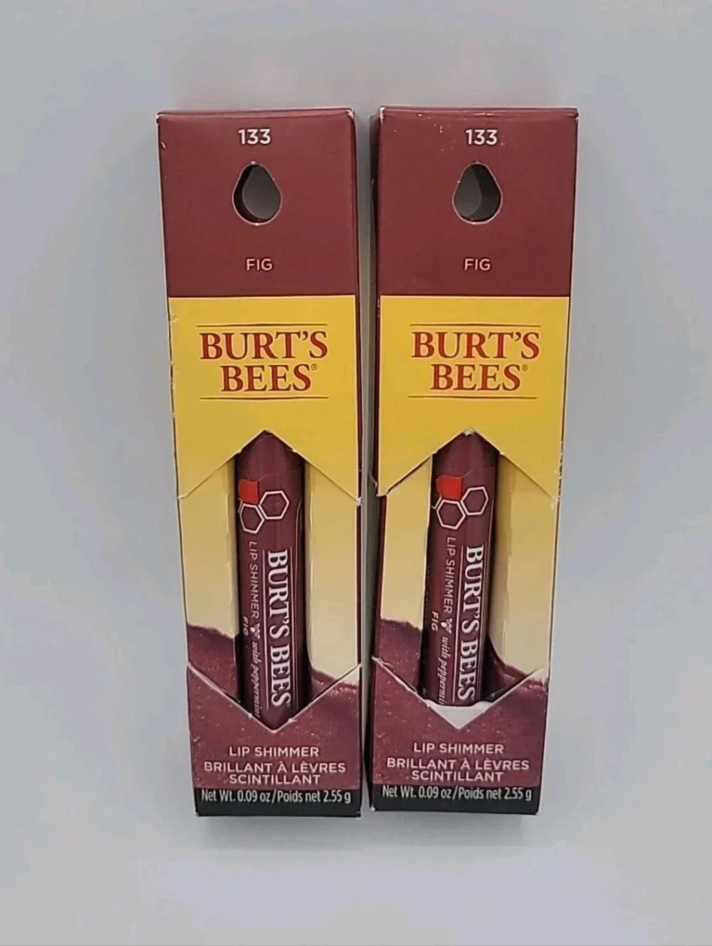NIB 2x Burt's Bees Lip Shimmer With Peppermint Oil #133 Fig  0.09 oz Each